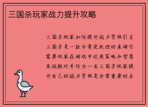 三国杀玩家战力提升攻略